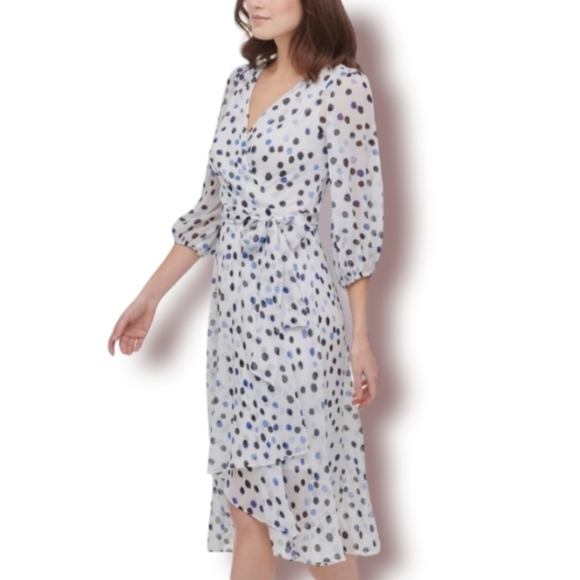 DKNY Polka Dot Lined Faux Wrap High-Low Midi Dress Womens Size 14 - Picture 12 of 13